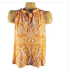 Loft Petites Sleeveless Top Orange White Paisley Print‎ Ruffle Neckline Medium